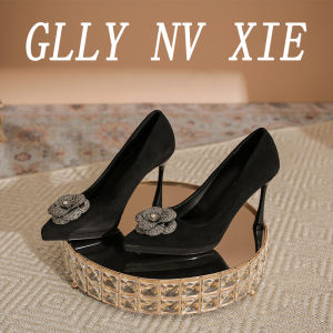 ฝรั่งเศส เซ็กซี่ สีดำ รองเท้าส้นสูง Rhinestone ผู้หญิง รองเท้าส้นสูงแพลตฟอร์มกันน้ําแบบบางสําหรับสุภาพสตรี