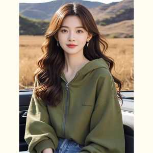 Spring Autumn 2026 Loose Fit Green Hooded Zipper Sweatshirt Jacket Womens Thin American Retro Lazy Chic Casual Outerwear