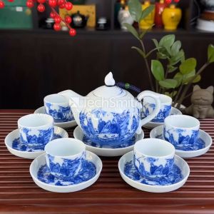 Bộ Ấm Pha Trà Men Lam Chóp Lửa Bát Tràng Trúc Lâm Thất Hiền - Ấm Dung Tích 330ML