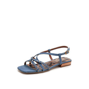 Joy & Peace | Elegant Denim Blue Leopard Print Rivet Thin Strap Flat Roman Sandals