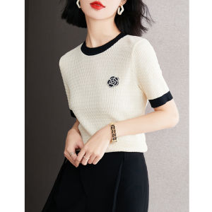 WANGGONGZHU | Princess Style Ice Silk Knitted Summer Top Womens Thin Short Sleeve Round Neck Fashionable Casual Wear Comfortable Fit T-Shirt