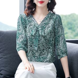 WOUEY Half Sleeve Chiffon V Neck Floral Plus Size Elegant Lace Up Ruffle Flare Sleeve Top Blouse