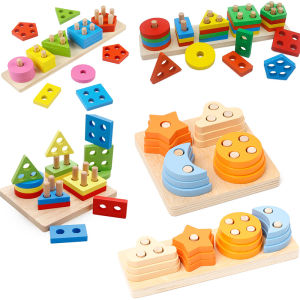 Montessori Gỗ Hình Dạng & Màu Sắc Sorter Khối Xếp Hình Đồ Chơi Giáo Dục Cho Bé 1-2 Tuổi Lớn Hình Học Xếp Chồng Khối