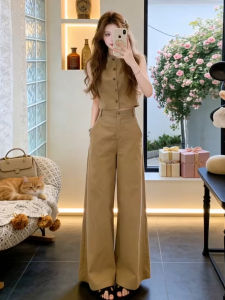 Karrar betsey | Khaki Sleeveless Vest and Wide Leg Pants Set Retro Summer Utility