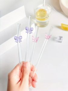 1/3/5PCS Bow & Butterfly Glass Straw Set Reusable Bent Straws for Milk Tea Cocktails Iced Drinks Romantic Gift for Her
