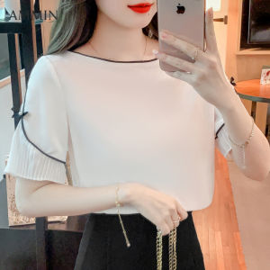 AMMIN Áo Cánh Nữ Đơn Giản Mới Mùa Hè Cổ Tròn Thời Trang Tay Áo Loe Áo Voan Phong Cách Nữ Phiên Bản Hàn Quốc Đính Cườm Trang Trí Tay Ngắn Thanh Lịch Màu Trơn