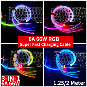 DISOUR 3-IN-1 6A 66W RGB Super Fast Charging Cable Type-C iPhone MicroUSB Charger Cable Flow Cool Colorful Streamer Glowing Line Support Data Transmission For IOS Android For Xiaomi Redmi Huawei iPhone Oppo Vivo Infinix