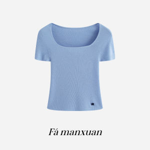 FAMANXUAN | Blue Square Neckline Wool Knitted Shirt Simplified Slimming