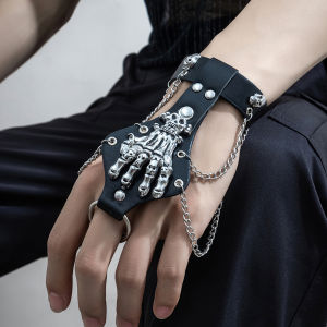 Goth กำไลข้อมือหนัง PU หัวกะโหลกสีดำแนวพังค์สำหรับผู้หญิงกำไลข้อมือแนวกรันจ์เครื่องประดับแนวฮาโลวีน