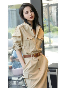 Elegant Khaki Workwear Dress Womens High Waist Straight Cut Long Sleeve Commute Fashion Simple Style Office Wear Dress