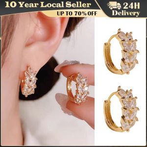 2PCS Fashion Stainless Steel Gold Color Hoop Earrings for Women Korean Shiny Zircon Leaf Earring Wedding Jewerly