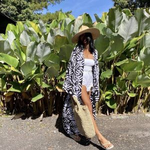 Holiday Wind Long Windbreaker Womens Thin Belt Outwear Cotton Silk Kimono Cardigan Womens Moroccan Printing and Dyeing Sun Protection Shawl Summer