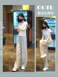 2025 New Summer Fashion Korean Style Short Sleeve Pants Set Women Casual Elegant Two-Piece Suit H-Line Long Skirt round Neck