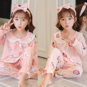 Princess Style Childrens Sleepwear Long Sleeve Thin Cotton Home Clothes Set for Girls Kids Comfortable Breathable Moisture Wicking