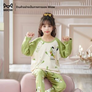 MiiOW | ชุดนอนเด็กผู้หญิงฤดูร้อนแขนยาวบาง MiiOW Cat ผ้าฝ้ายลายการ์ตูนน่ารัก เสื้อผ้าเด็ก ชุดนอน เสื้อผ้าเด็ก ชุดนอน