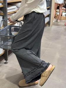 Deep Grey Lace Wide Leg Rice Noodle Pants Womens plus Size High Waist Slimming Lazy Style Small Stature Casual Pants