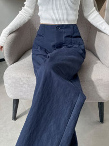 Quần Dài Ống Đứng Cạp Cao Màu Xanh Lam Phong Cách Hàn Quốc Cho Nữ Mùa Thu 2025 Quần Dài Ống Rộng Thường Ngày Bằng Vải Cotton
