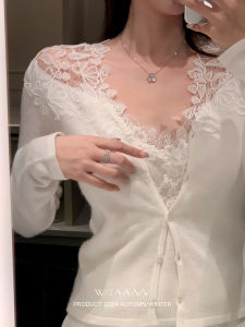 Áo Len Dệt Kim Hai Mảnh WizAann Mùa Thu Đông Thiết Kế Ghép Nối Ren Cổ Tròn Dài Tay Thường Ngày Cho Nữ