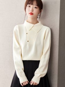 Áo Len Dệt Kim Cổ Polo Màu Trắng Sữa Thanh Lịch Kiểu Pháp Cho Nữ Mùa Thu Đông Thường Ngày Mềm Mại Thoải Mái Áo Len Cổ Polo