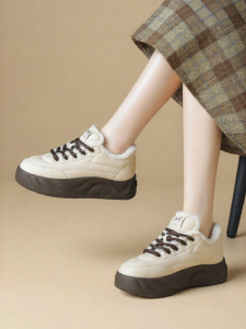 Josiny | Thick-soled Winter Faux Fur-lined Lace-up Versatile Height Increasing White Sneaker