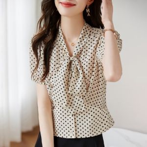 Áo Sơ Mi Nữ Tay Ngắn Họa Tiết Bướm Thời Trang Mùa Hè Áo Chui Đầu Cổ Chữ V Dáng Ôm Vừa Vặn Chất Liệu Polyester