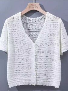 Womens Short Sleeve Knitted Ice Silk Thin Top Fashionable Short Length Open Cardigan Design Sense Small Shirt Summer Style
