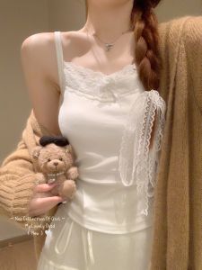 Miu Style Lace Splice Butterfly Knot Strap Vest Women Spring Summer Pure Desire Layered Wear Bra Pad Included Short Top