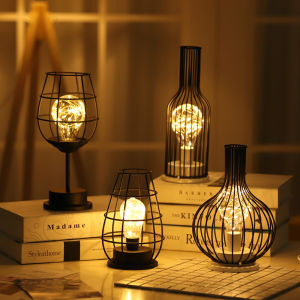 1PC Indoor Iron Wire Cage Design Night LightBattery-Powered LED Lamp Decorative Table Lighting for Bedroom Living Room