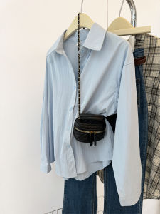 เสื้อเชิ้ตคอโปโลแขนยาวหลวมๆ สีน้ำเงินสไตล์เกาหลีสำหรับผู้หญิง เสื้อคลุมกันแดดฤดูใบไม้ร่วง เสื้อเชิ้ตคอกลมทรงหลวมๆ ดีไซน์เก๋ไก๋