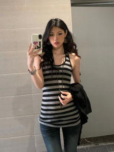 Áo Vest Cổ Treo Kẻ Sọc Cổ Điển Mỹ Dành Cho Nữ Mùa Hè 2025 Áo Khoác Ngoài Không Tay Ôm Vừa Vặn Gợi Cảm Pure Desire Style