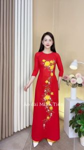 Áo Dài Chất Liệu Lụa Chiffon Cao Cấp Họa Tiết Thêu + Đính Đá Thủ Công Tỉ Mỉ - Mã H5-CF Màu Đỏ