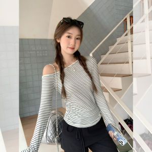 Slim Fit Stripe Long Sleeve T-Shirt Womens Shoulder Bared Base Shirt Korean Style Daily Wear Polyester Blend Autumn Top