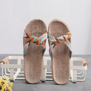 Trendy Couples Indoor Linen Woven Cotton Slippers Cute Personalized Home Massage Silent Cotton Linen Cooling Sandals for Men And Women