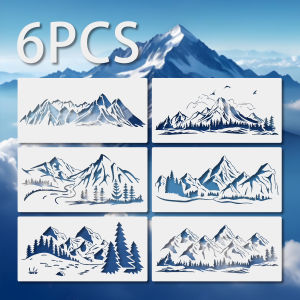 6PCS Mountain Landscape Stencils 15×30cm Reusable DIY Painting Templates for Wall Wood Fabric Paper Decoration