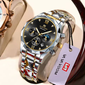 Multi Functional Men Watch Fashionable Timing Dial Casual Business Style Blue Gold Rivet Stainless Steel Rhinestone Sports Watch