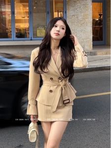 Xzy Slightly Oversized Girls French Style Temperament Lace-up Waist-Controlled Trench Coat Outwear Womens Early Autumn Package Hip Skirt Suit