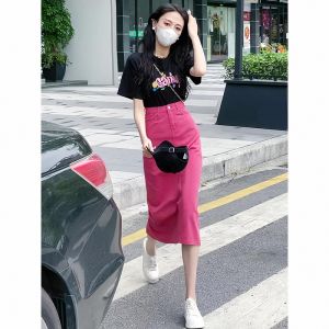 Rose Pink Denim Skirt Womens Summer European Goods High Waist Slit Office Lady Skirt Mid Length Long Length A- line Sheath Skirt