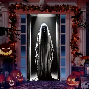 VIKAMA Halloween Dark Ghost Door Cover Tapestry Black Robe Ghost Shadow Long Hair Entryway Secret Room Decoration
