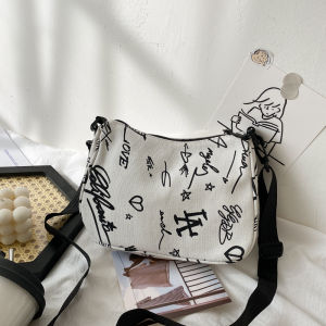 Trendy Korean Letter Print Canvas Shoulder Bag for Girls Artistic Crossbody Bag Casual Geometric Pattern Soft Foldable Bag