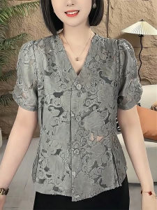 QINGNAER | Stylish Universal Plus Size Womens Shirt National Style Jacquard V-Neck Short Sleeve