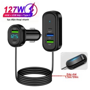 kebidumei | Sạc Điện Thoại Ô Tô 5 Cổng 127W Tối Đa Với Cáp Dài 150CM Hỗ Trợ 2 Cổng USB + Type C 66W Dành Cho Ghế Trước/sau Adapter Sạc Siêu Tốc DC 12V/24V