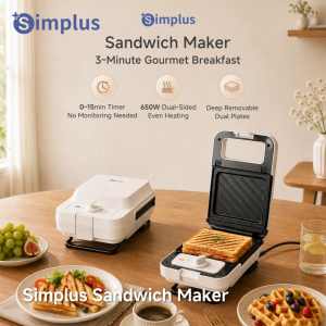 Simplus 2 IN1 Sandwich & Waffle Maker with Interchangeable Deep Plates Timer 650W Dual-Sided Heating for Breakfast
