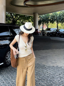 UMI Womens Slim Fit Elastic Knitwear Short Sleeve Large U-Neck Summer New Arrival Fashionable Versatile Casual Commute Style