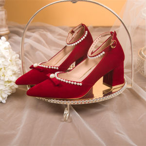 Red Chinese Style High Heels with Buckle Wedding Shoes Womens Fashion Single Shoes Sharp Pointed Toe Rubber Outsole PU Lining