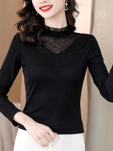 Black Lace Mesh Base Shirt Womens Spring Autumn 2025 New Fashion Fleece Lined Long Sleeve Top Womens Inner Wear T-shirt