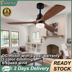 Gogeous ceiling fan with light modern design 42/48 inch 3 blades big size ceiling fan with lights and remote heavy duty nordic 3 color dimming 6-speed wind ceiling fan light dc motor wood grain fan light for living room dinning room library meeting room
