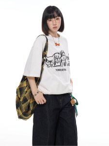 T-Shirt Wanita Lengan Pendek Kerah Bulat - Motif Kartun Hewan & Desain Korea Katun Tipis Bernapas pakaian langsing Tren Musim Panas 2025 Baju Kasual Oversize Serbaguna Gaya Manis Rasa mewah dan premium Kerah bulat Slip - on Tops Ukuran besar