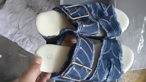 <1202> Foreign Trade plus Size Wedge Denim round Toe Peep Toe Sandals 2024 New Fashion Comfortable All-Matching Rhinestone High Heel Shoes