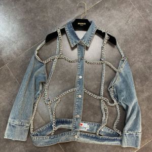 Summer Trendy Long Sleeve Denim Jacket Hollow out Cross Collar Womens Fashion Street Style Cool Handsome Mm2025