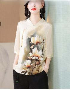 MAIMEI | Mature Womens Summer Fashion Chiffon Printed Small Shirt T-Shirt Vintage Style National Trend Top Middle-Aged Mothers Clothing